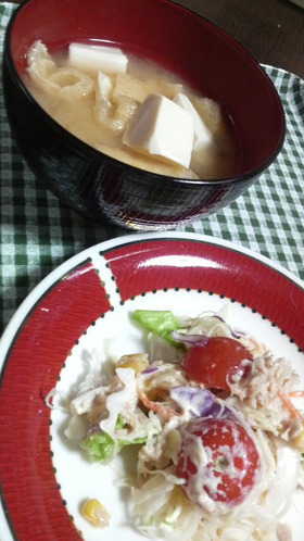 ガンコ嬢。お味噌汁とサラダ